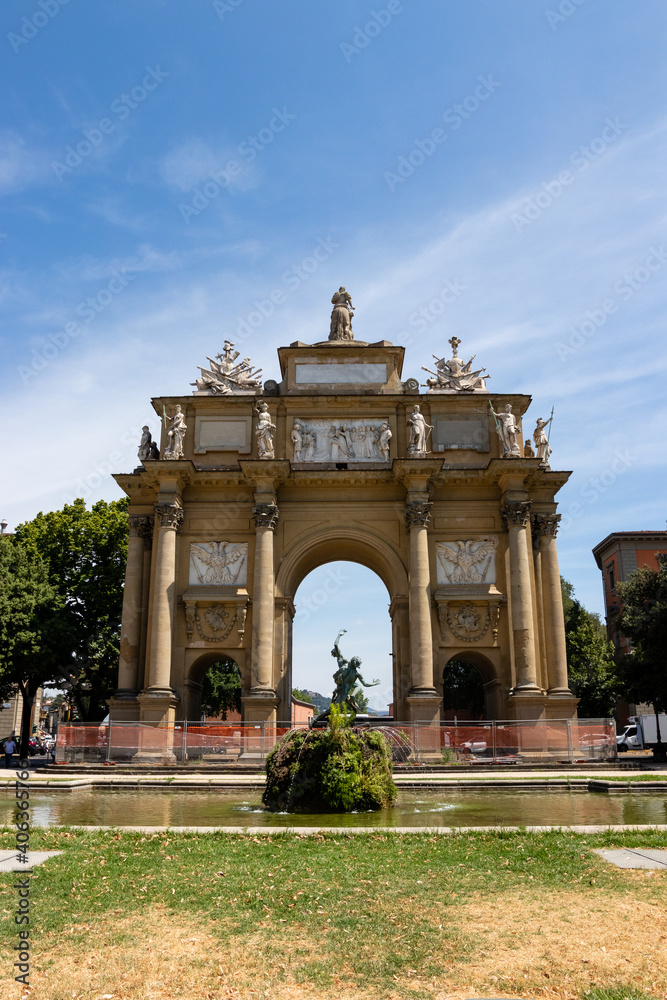 Triumphal Arch of the Lorraine in Florence. fountain and big vintage arch