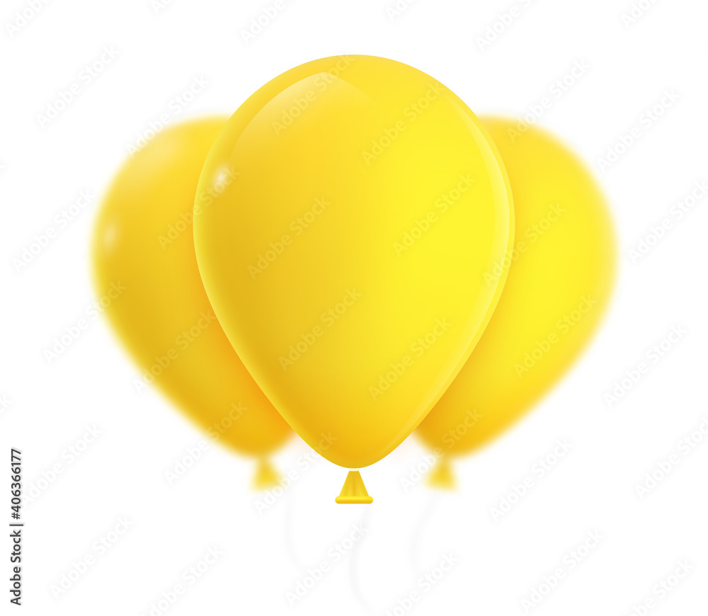 Three yellow helium balloons. 3D realistic vector illustration, isolated on white background.
