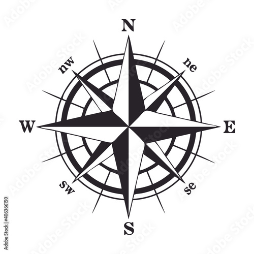 Compass. Wind rose, monochrome vintage icon in flat style, isolated on white background.