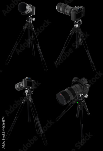 Photo and video tripod with nonexistent DSLR camera on it isolated on black