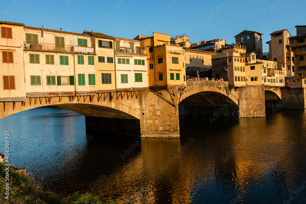 the famous Ponte Vecchio arch bridge over the Arno river close up