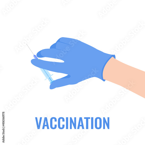 Doctor holding a syringe with coronavirus vaccine. Medical shot for covid-19, rabies, polio, measles, tetanus. Vaccination and immunization concept. Vector illustration.