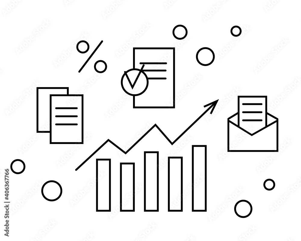 Stylized contour chart graph, data, envelope, documents, reports. Data analysis and business planning signs. Growing bar graph with an arrow pointing up. Black isolated on a white. Vector illustration