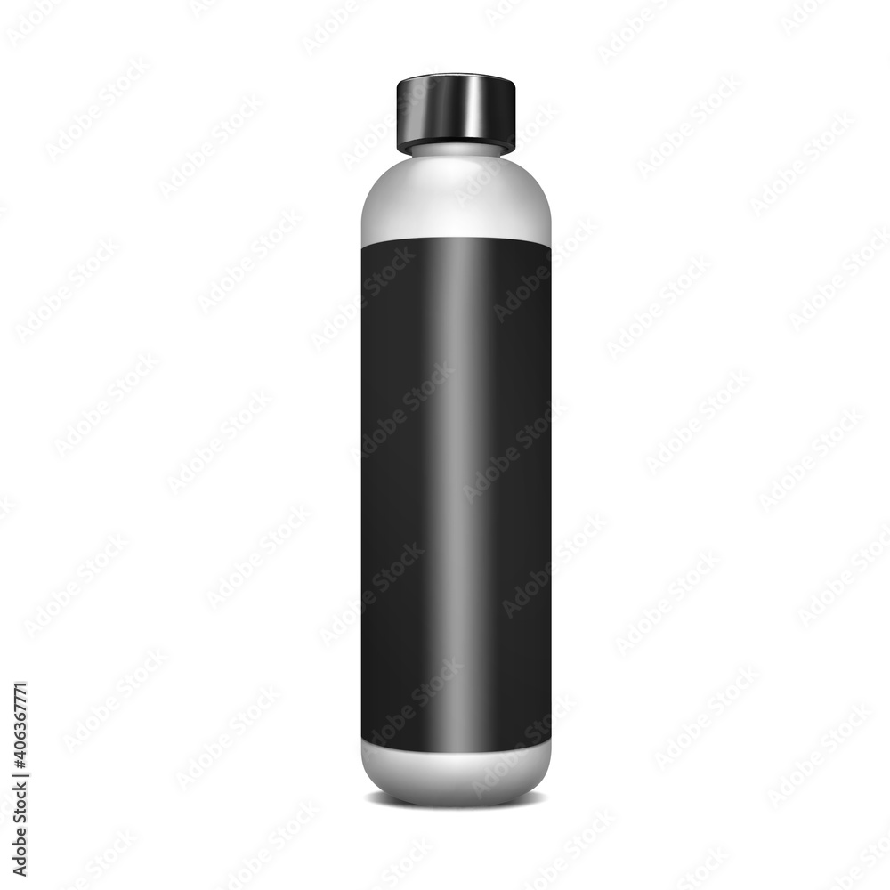 White cylindrical bottle with black label and screw cap, realistic vector mock-up. Blank container for cosmetic, medical or other liquid product, mockup. Template for design White cylindrical bottle with black label and screw cap, realistic vector mock-up. Blank container for cosmetic, medical or other liquid product, mockup. Template for design