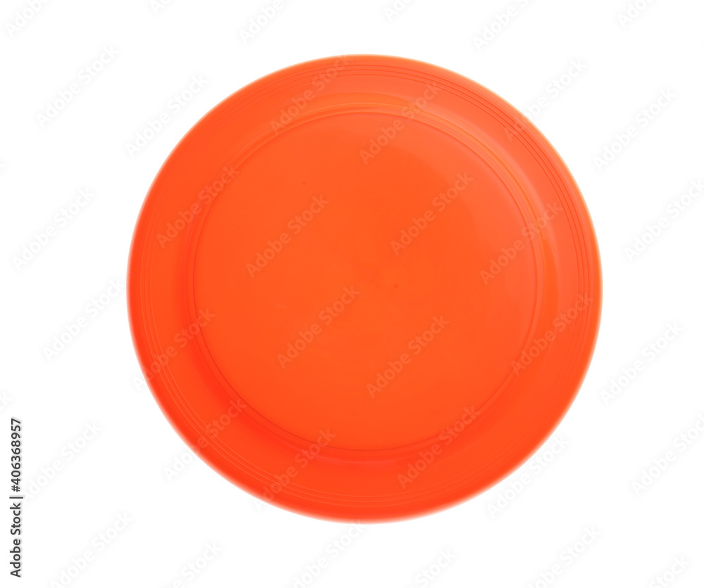 Orange plastic frisbee disk isolated on white, top view Orange plastic frisbee disk isolated on white, top view