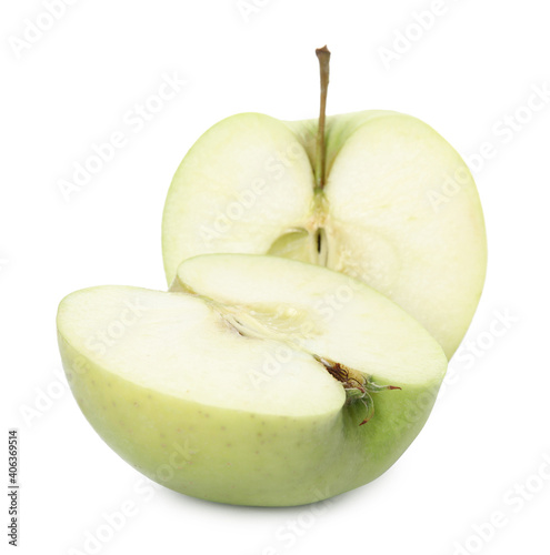 Fresh ripe cut green apple on white background