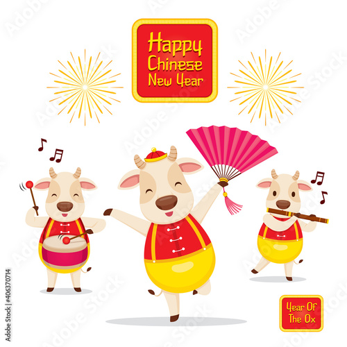 Oxes Dancing And Playing Music Together, Happy Chinese New Year, Year Of The Ox