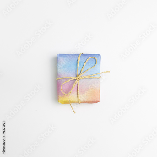 Colorful gift box isolated on white background. top view, copy space