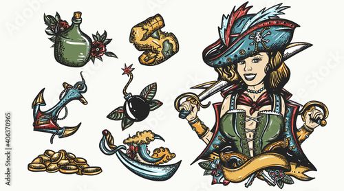 Pirate. Old school collor tattoo collection. Sea adventure vector elements. Captain, sea wolf girl filibuster, compass, anchor, rum, treasure island map. Traditional tattooing style