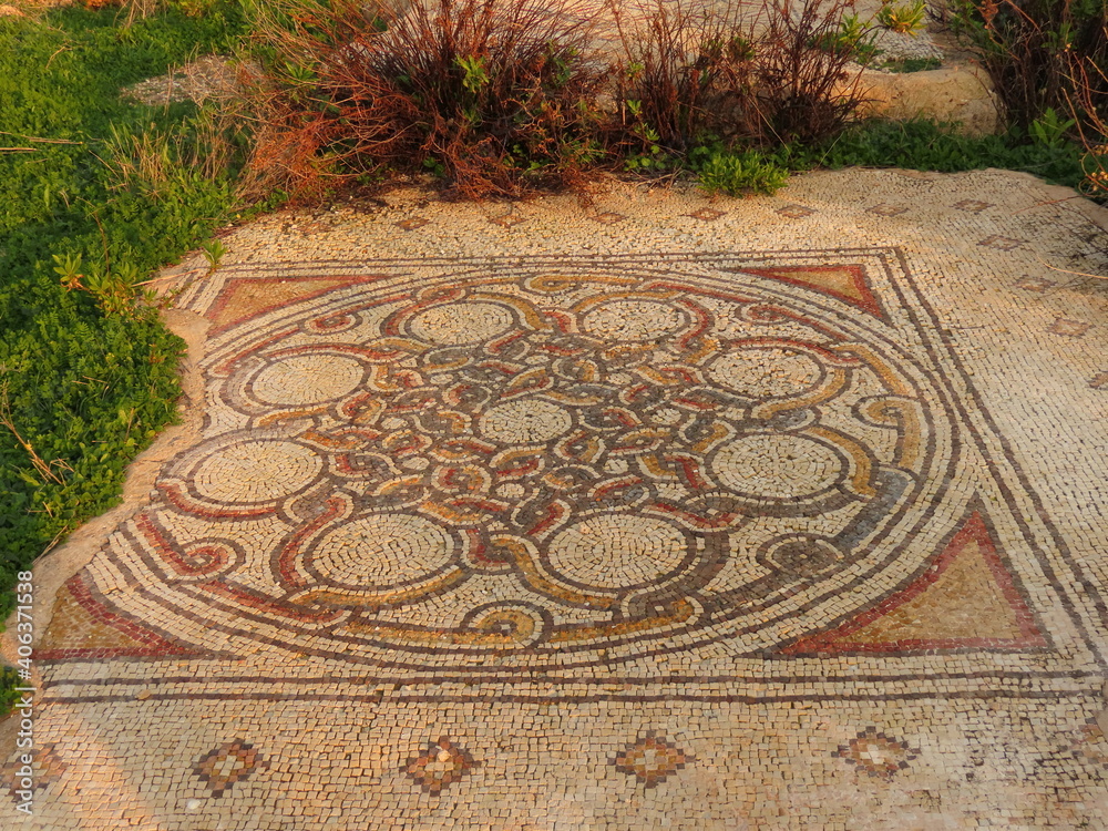 Remains of an ancient mosaic of a 6th-century Orthodox church at Tel Shikmona in Haifa, Israel.
