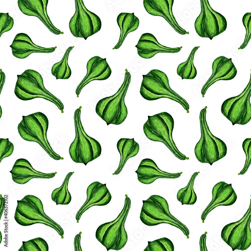 Long round green pumpkin. Seamless watercolor pattern with Green Gourd on white backdrop. Design for the menu, diet, proper nutrition, autumn harvest. Can be used for printed materials.
