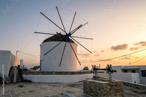 The traditional Greek windmills of Ios Island in beautiful Cycladic town of Chora. Greece