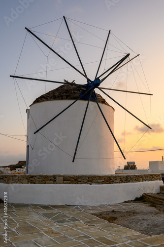 The traditional Greek windmill of Ios Island in beautiful Cycladic town of Chora. Greece