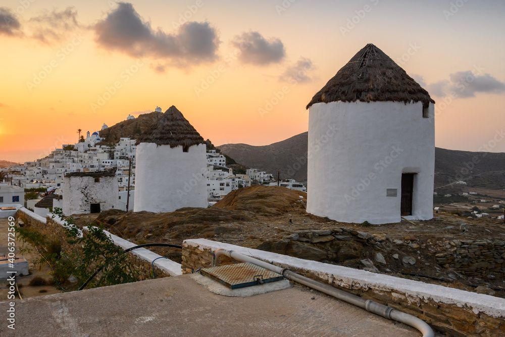 The traditional Greek windmills of Ios Island in beautiful Cycladic town of Chora. Greece