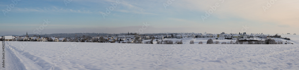 Panorama of winter landscape and Ergenzingen, Baden-Wuerttemberg, Southern Germany