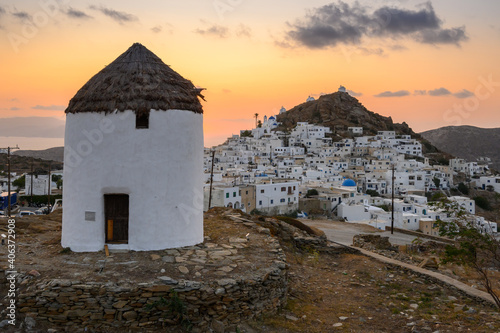 The traditional Greek windmill of Ios Island in beautiful Cycladic town of Chora. Greece