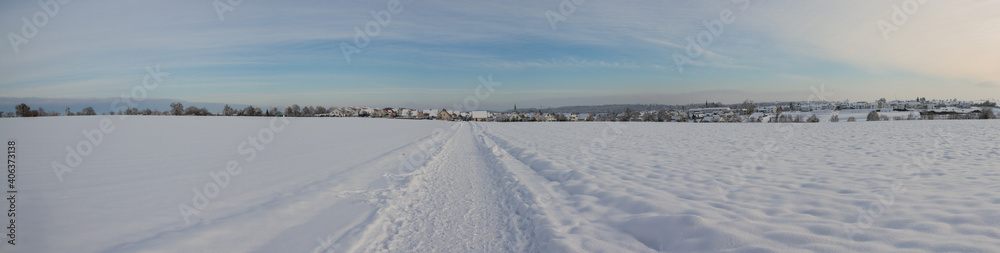 Panorama of winter landscape and Ergenzingen, Baden-Wuerttemberg, Southern Germany