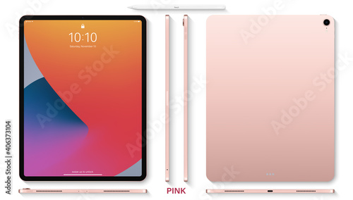 tablet pink color with colored touch screen saver and stylus top view isolated on white background. flat lay mockup of realistic and detailed device. stock vector illustration