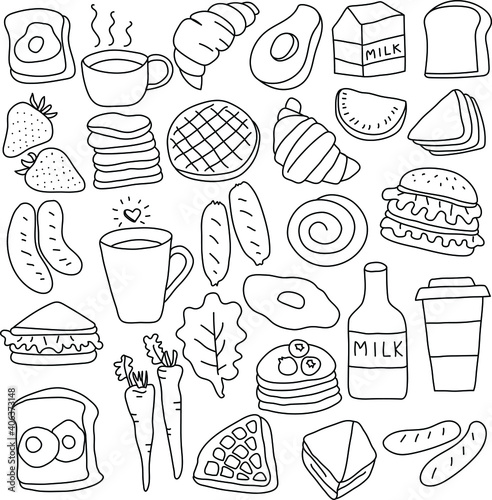Hand drawn breakfast meal or fast food set on white background. Vector illustration in doodle style