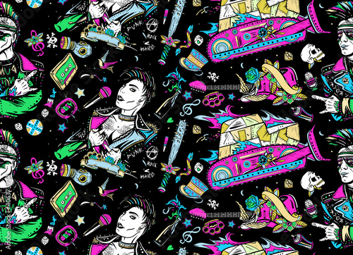 Punk and rock music lifestyle. Hooligans. Anarchy art. Musical dark background. Street art. Seamless pattern. Punker with mohawk, electric guitar, rock woman