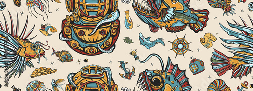 Underwater world seamless pattern. Old school tattoo style. Scuba diver helmet, octopus kraken  tentacles. Sea monsters. Angler fish, lionfish, jellyfish. Deep water diving. Life of ocean background