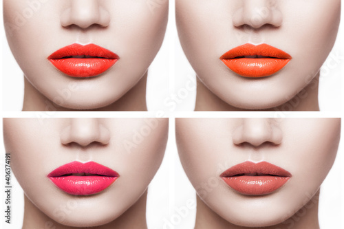 Closeup set of woman lips with different red color of lipstick. indoor isolated on white background.