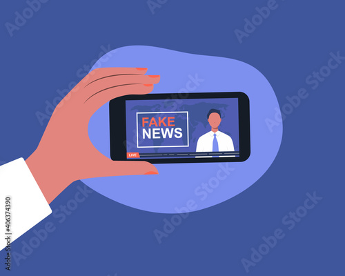 Fake news. Human hand holding smartphone, watching fake news. Mass media propaganda, media misinformation, lie. Vector illustration.