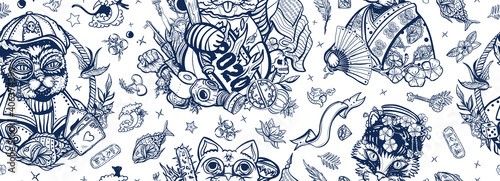 Funny cats old school tattoo seamless pattern. Unlucky lucky cat, symbol 2020 world crisis concept. Portrait of kitty geisha princess. Traditional tattooing style. Pets art, animals background