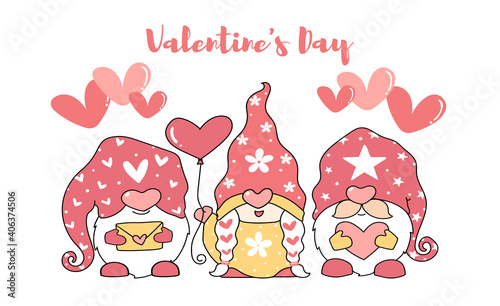 cute Valentine love gnome with love balloon and love letter, three cartoon character flat vector, Happy valentine greeting postcard printable