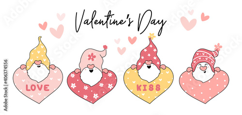 cute Valentine pink Gnome with heart, love, kiss collection, cartoon outline vector