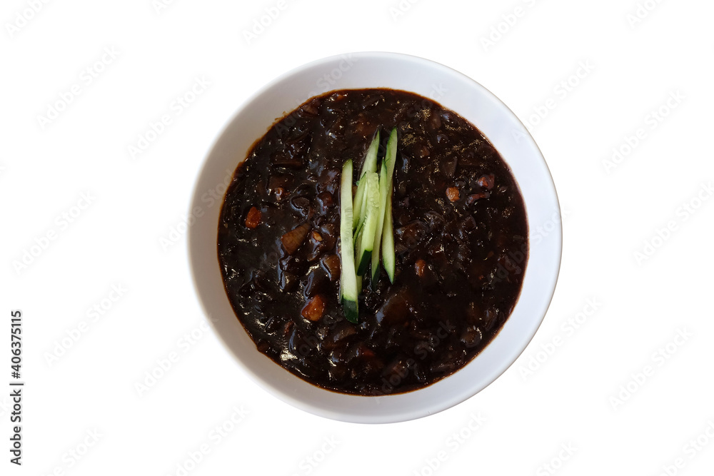 Top View of Jajangmyeon or Korean Black Bean Noodles that a Famous Korean Recipe. Top View of Jajangmyeon or Korean Black Bean Noodles that a Famous Korean Recipe.