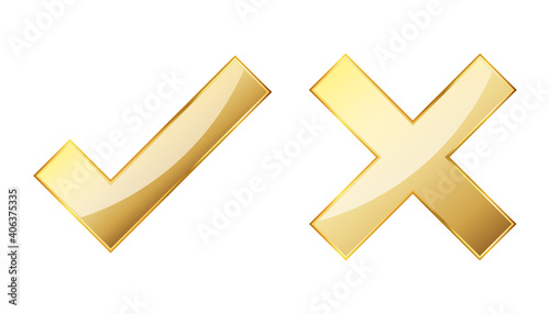 Check and cross icon. Gold approved and reject symbols