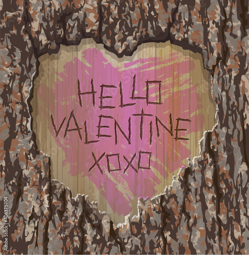 Heart and letters carved into a tree with Hello Valentine message. Vector illustration for Valentine's Day.