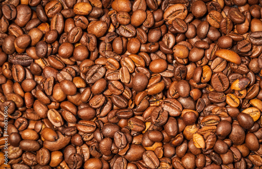Fototapeta premium Roasted coffee beans background. Banner for coffee theme