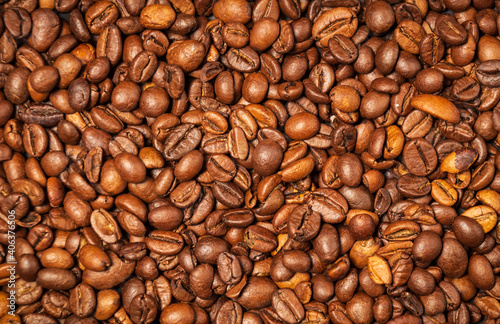 Roasted coffee beans background. Banner for coffee theme
