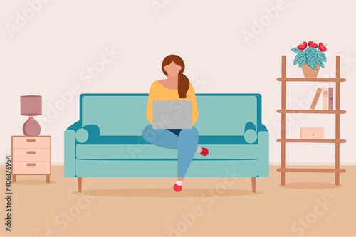 a girl with a laptop is sitting on the couch. Freelancing, or studying the concept. Cute illustration in flat style