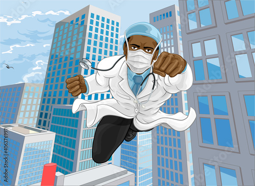 Doctor superhero essential worker flying comic book super hero healthcare professional. Wearing mask PPE