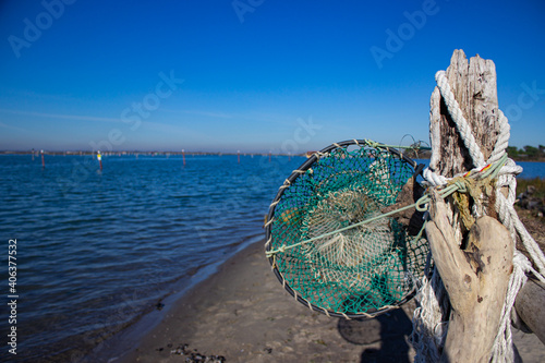 Marine background. Pole with hanging ropes and a green keepnet with the sea background. Porto Caleri beach, Italy in winter.