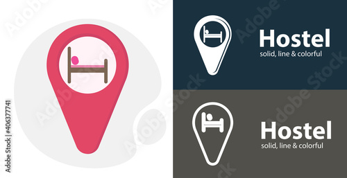 geolocation hostel sign flat icon, with hostel in map pin simple, line icon