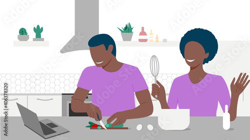 Happy black couple looks on laptop and cooking by online video tutorial in their kitchen. Online culinary school. Online courses, e-learning. Eps 10.