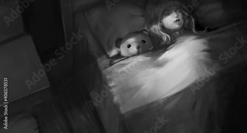 Photos Horror illustration monster under bad of a little girl
