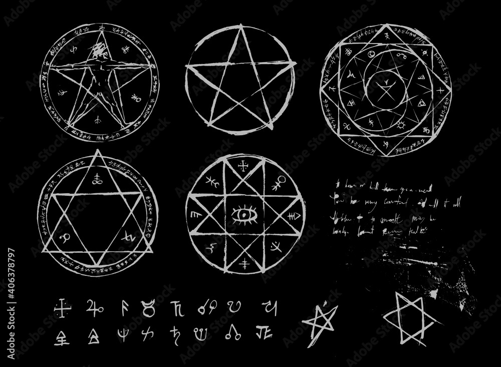 Hand drawn Witchcraft magic circle collection. pentagram and ritual circle. emblems and sigil occult symbols. Bloody style for horror game art. Halloween concept. - obrazy, fototapety, plakaty 