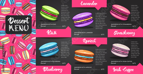 Chalk drawing dessert menu design with sweet french macaroons