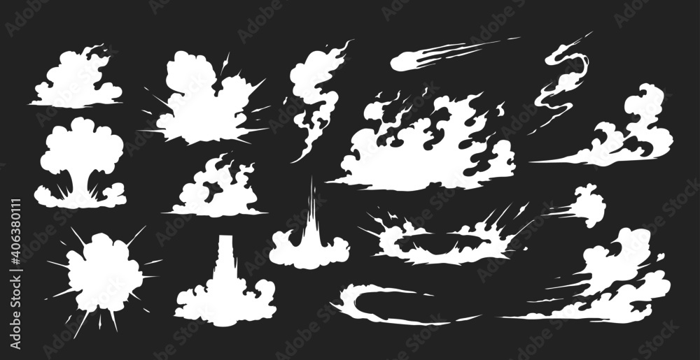 Smoke illustration set  for special effects template. Explosion, bomb,  steam clouds, mist, fume, fog, dust, dash,or  vapor  2D VFX Clipart element for animation