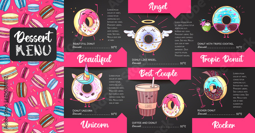 Chalk drawing dessert menu design with sweet french macaroons and donuts