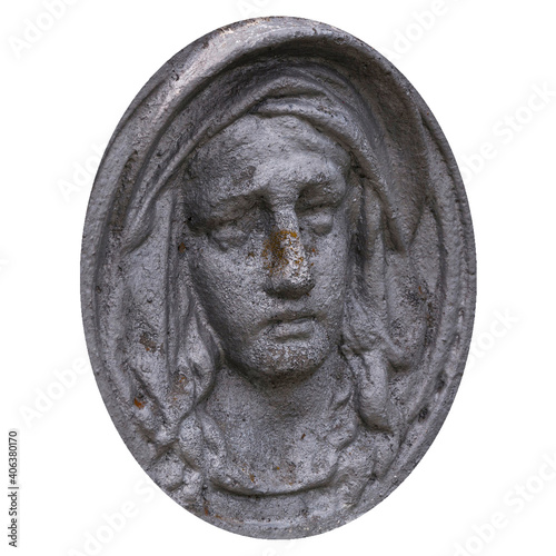 Bas-relief Virgin Maria on white background.