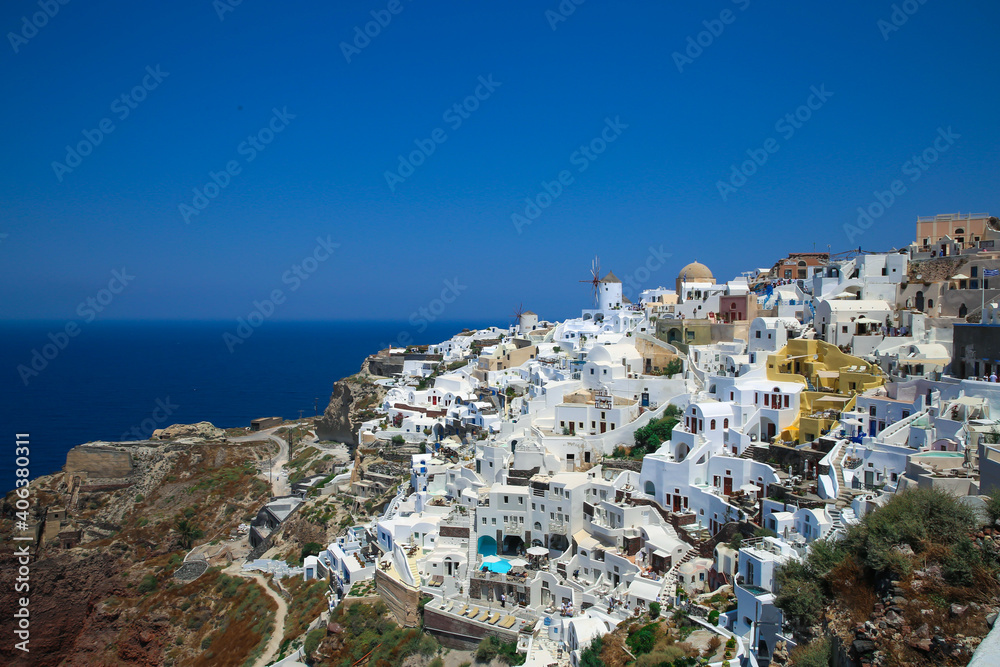 View of the sea and the city of Oia, Santorini, Greece.