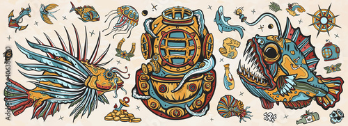 Underwater world. Old school tattoo vector collection. Scuba diver helmet, octopus kraken  tentacles. Sea monsters. Angler fish, lionfish, jellyfish. Deep water diving art. Treasures and life of ocean