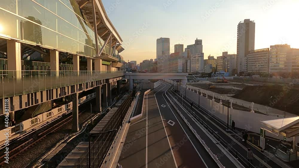 Cityscape and train arriving at the station Cityscape and train arriving at the station