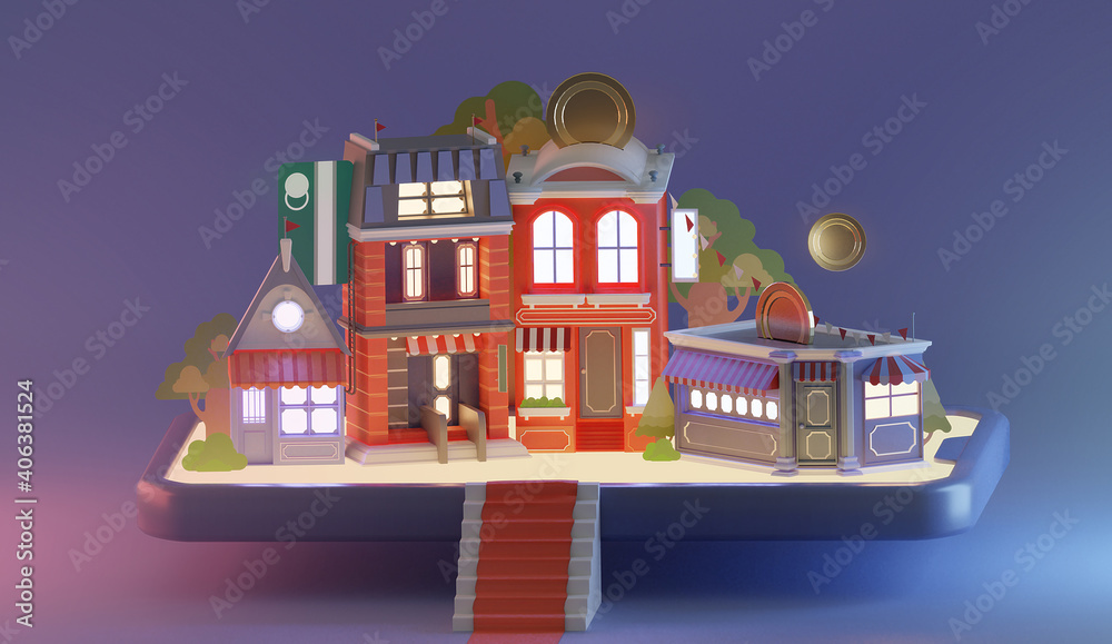 Fototapeta premium E-commerce 3d bank toy house on the street